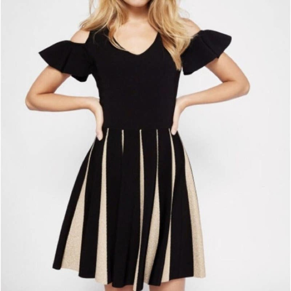 TED BAKER wytney black gold pleated dress off shoulder knit sweaterdress sz M
